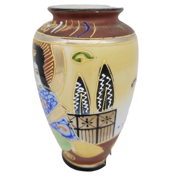 Vintage Japanese Satsuma Moriage 5" Porcelain Vase Hand Painted Raised Design - Picture 5 of 11